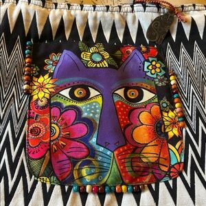 Laurel Burch Blossoming Feline Tote Bag Beaded Vibrant Black White Zig Zag